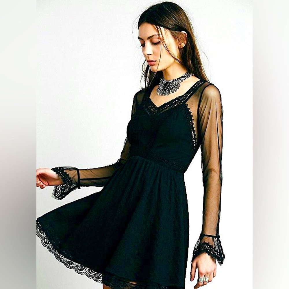 FREE PEOPLE Black Lace & Mesh Long Sleeve Flared Mini Dress A Line Goth Chic 4